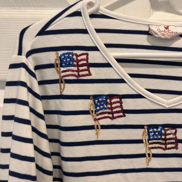 Quaker Factory Striped Patriotic V-Neck 3X Sequin Flags America Red White Blue - Picture 3 of 8